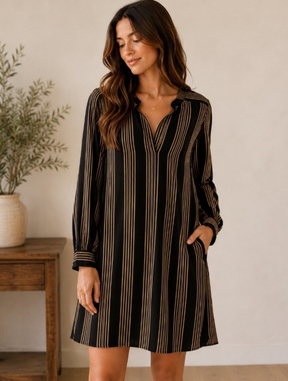 H&M Black Dress with Tan Vertical Stripes — Long Sleeve Shift